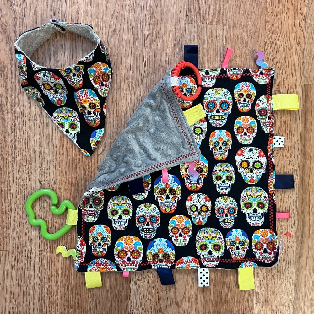 Sugar Skull Drool Bib and Tactile Blanket